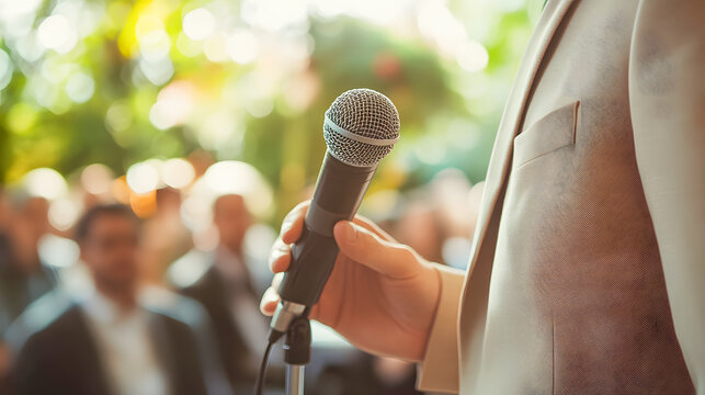 Professional male speaker standing at podium and addressing a large audience during a conference seminar or other business event  The speaker is gesturing and engaging the crowd