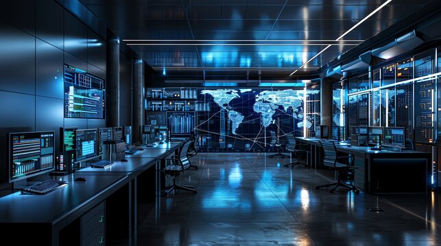 Futuristic Data Center with World Map.