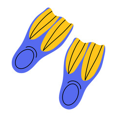 A cute pair of blue and yellow swim flippers on a white background. 