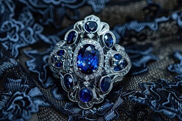 Obraz premium Intricate art deco ring with sapphires and diamonds on a black lace background