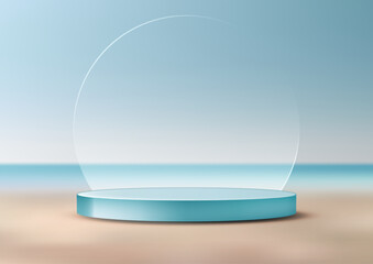 3D Minimalist Blue Podium with Circular Glass Backdrop on Serene Beach Scene, Modern Product Display