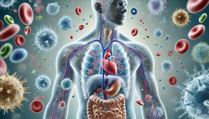 A detailed, realistic illustration of the human body with a transparent exterior, showcasing the immune system in action. 