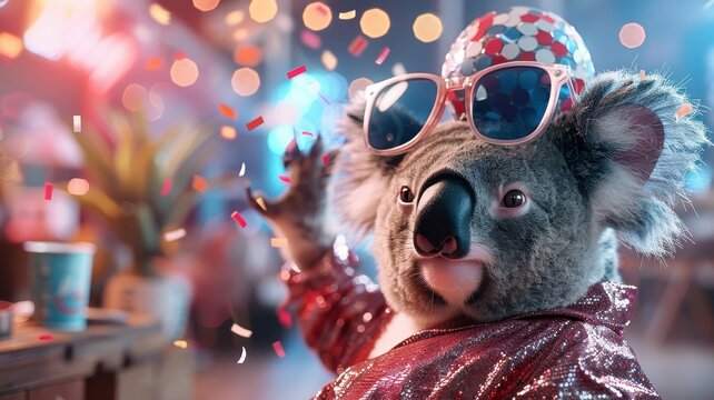 Koala in disco attire dancing under confetti.