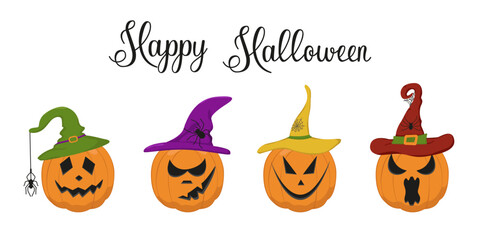 Vector set of Halloween pumpkins in witch hats. Color image of festive pumpkins with spiders. Set of icons with vegetables and text.
