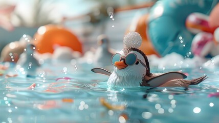 Playful penguin in sequined swimsuit diving into a pool with neon lights and toys.