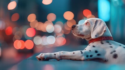Photorealistic Dalmatian puppy in sequin dress on runway, for fashion editorials