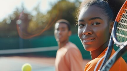 A couple enjoying a competitive game of tennis on a bright outdoor court, with focused expressions