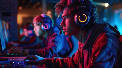 A digital gaming event with gamers wearing headphones, immersed in intense gameplay on their computers