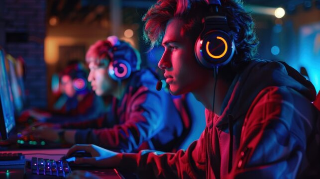 A digital gaming event with gamers wearing headphones, immersed in intense gameplay on their computers