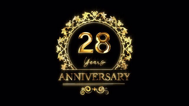 28th Anniversary Celebration. Happy 28 Years Anniversary Animation in Gold Color on the Transparent Background, Alpha Channel. Great for greetings, celebrations, events, and gifts.