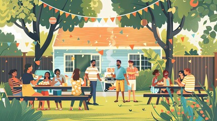Labor Day event, neighborhood cookout, festive solidarity, flat design illustration