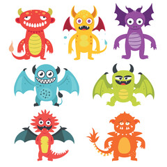 Collection cartoon monsters, colorful cute monsters, isolated vector illustrations. Six different funny monsters wings, horns tails, character design children. Bright monster characters, playful