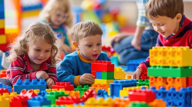 A group of children playing with colorful building blocks, creating imaginative structures together