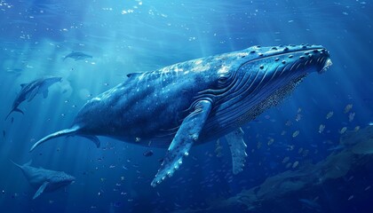 Large Blue Whales Surrounded by Fish, Swimming in Blue Water of Sea, Majestic and Serene, Background with Copy Space