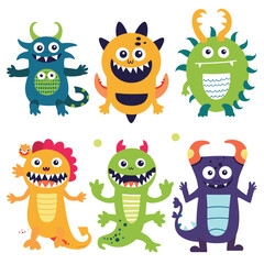 Collection six colorful cute monster illustrations isolated white background. Cartoon creatures various eyes, horns, smiles playful poses. Funny monster characters, perfect childrens book party