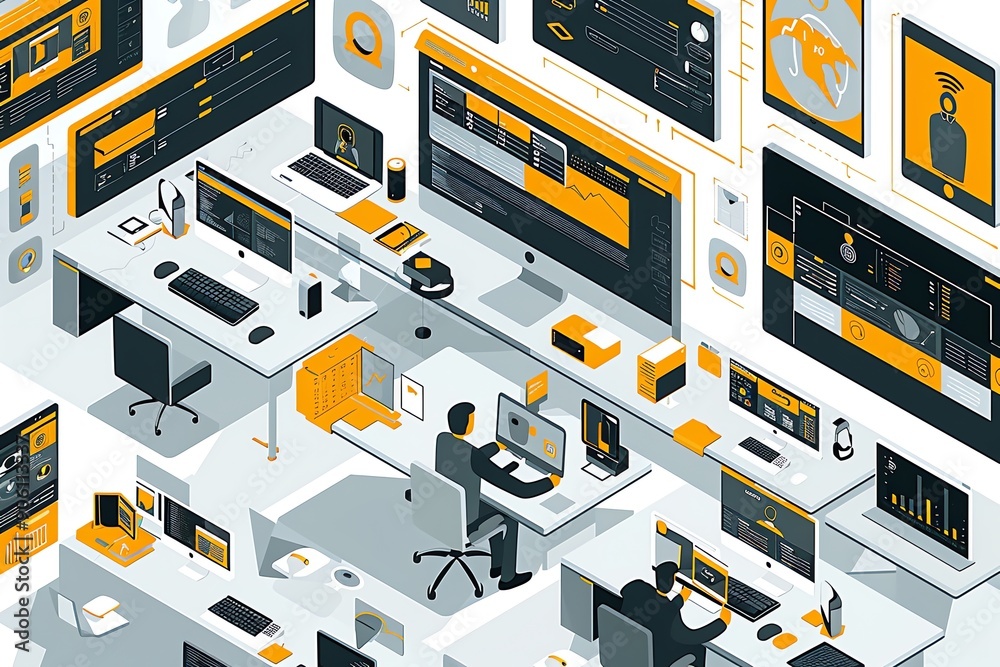Poster Modern office with computer workstations and connected devices.