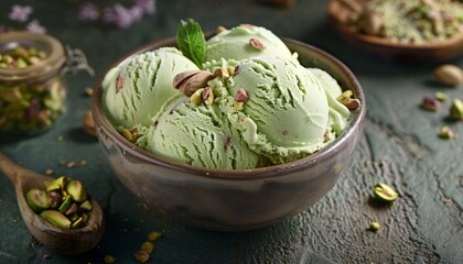 Delicious Scoops of Pistachio Ice Cream Garnished with Nuts in Bowl, Textured Backdrop, Tempting and Refreshing