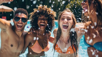 A group of friends at a pool party, proudly showing off their diverse bodies in swimwear, laughing and splashing in the water