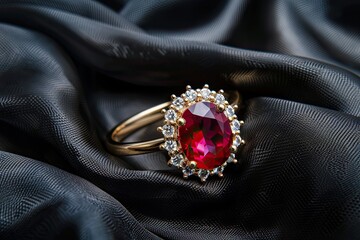Fototapeta premium Luxurious ruby ring with a diamond halo in yellow gold on a black silk background