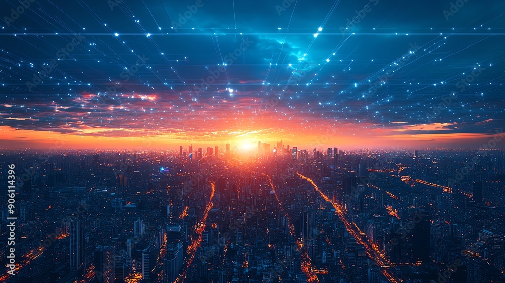 Poster futuristic cityscape with connected lines.