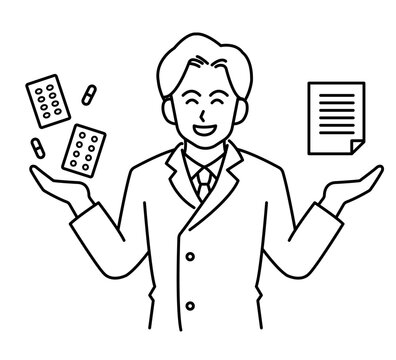 pharmacist holding pills and prescription, smiling clip art preview