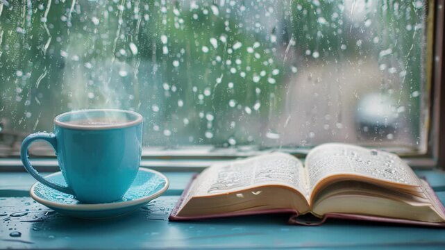 cozy summer still life cup of hot coffee and opened book seamless looping overlay 4k virtual video animation background