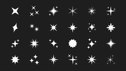 Retro futuristic bright vector icons collection. Set of original star sparkle shapes. Abstract shine effect vector sign. Glowing light effect, twinkle templates stars and bursts, shiny flash.