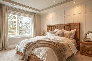Full Shot of Bedroom with Wooden Headboard and Frame, Beige Walls with White Panels, Carpet, Window to the Side, Soft Lighting, Neutral Tones, Modern Interior Design