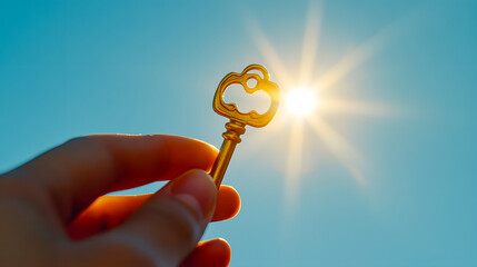 A hand holding a golden key pointing towards the bright shining sun in a clear blue sky symbolizing the unlocking of new possibilities solutions and opportunities for growth success