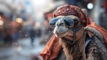 Obraz premium Stylish camel with disco turban in cityscape, for fashion editorials.