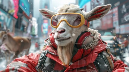 Obraz premium Stylish goat with disco collar strutting through city.