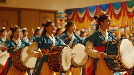 A group of Korean students participating in a traditional drum performance, showcasing their musical skills and cultural heritage