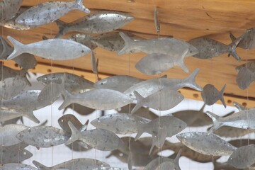 Galvanised metal fish shapes hanging from a ceiling