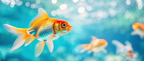 Fototapeta premium Goldfish with orange and white coloring swimming in a vibrant blue water, showcasing the contrast and beauty of the underwater world