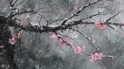 Wet plum blossom in rain and snow