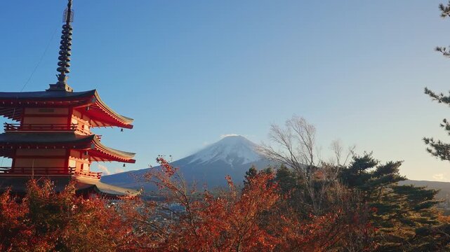 Mount Fuji view at Chureito Pagoda in Autumn season, Mt Fujisan in Arakurayama Sengen Park, Yamanashi, Japan. Landmark for tourists attraction. Japan Travel, Destination, Vacation and Mount Fuji Day