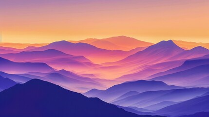 Fototapeta premium Layered mountain silhouettes in a desert setting, with a gradient sky from orange to purple, symbolizing serenity and natural beauty