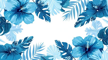 Hibiscus flowers and palm leaves in blue tones creating a tropical floral pattern with a central white space