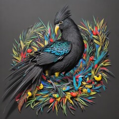 Obraz premium visually stunning image frontal view of an exotic, brightly colored bird set against a dramatic, solid black background, allowing the viewer to fully appreciate its vibrant plumage and intricate detai