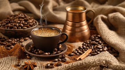 A cup of coffee with beans. Coffee beans background. Coffee on dark wooden background. Hot Coffee. Cup of coffee with beans and cinnamon. 