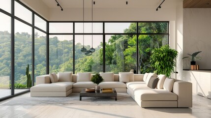 Modern living room with minimalist decor and large floor-to-ceiling windows