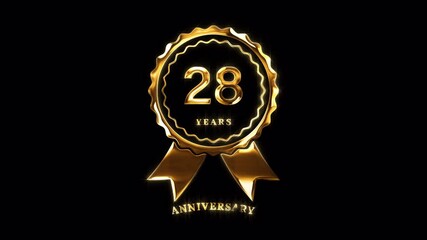 28th Anniversary Celebration. Happy 28 Years Anniversary Animation in Gold Color on the Transparent Background, Alpha Channel. Great for greetings, celebrations, events, and gifts.