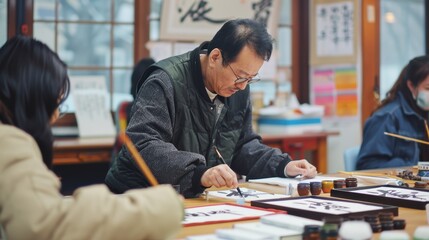 A Korean calligraphy class with students practicing their brush strokes under the guidance of a skilled instructor