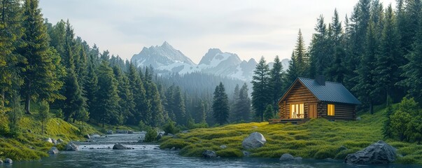 Fototapeta premium Isolated cabin in the heart of an untouched evergreen forest, solitude, peaceful retreat