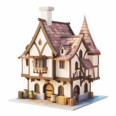 3D Render, Low Poly style of a medieval inn, on isolated white background, Generative AI