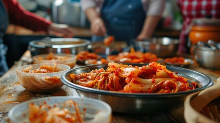 A Korean kimchi-making workshop with participants learning the traditional process of fermenting vegetables