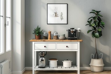 Photo-Realistic Kitchen Trolley with Coffee Machine and Mug, White Wood Kitchen Cart on Wheels for Small Spaces, Two Drawers, Open Bottom Shelf, Natural Light from Window, Modern Home Decor