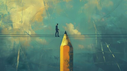 Artistic depiction of a businessman ascending a massive pencil that balances on a thin tightrope, The precarious nature of innovation and stability in the business world