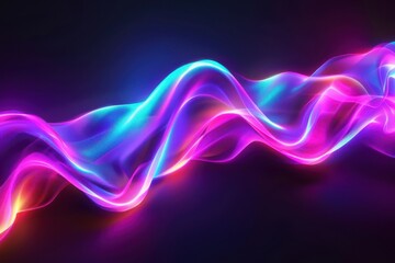 A neon 3D abstract background featuring colorful wavy ribbons of pink, blue, and purple against a dark background.