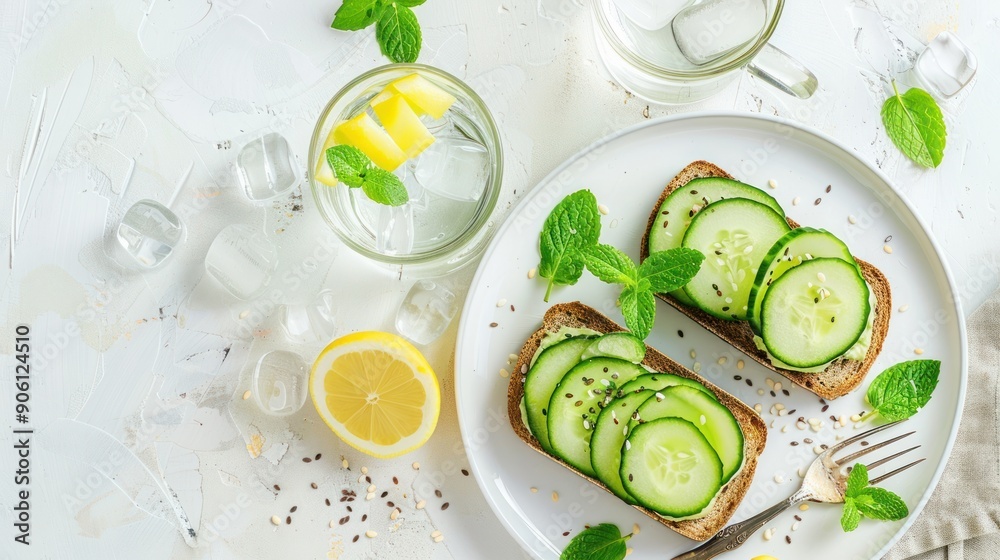 Poster cucumber and lemon sandwiches with mint and iced water